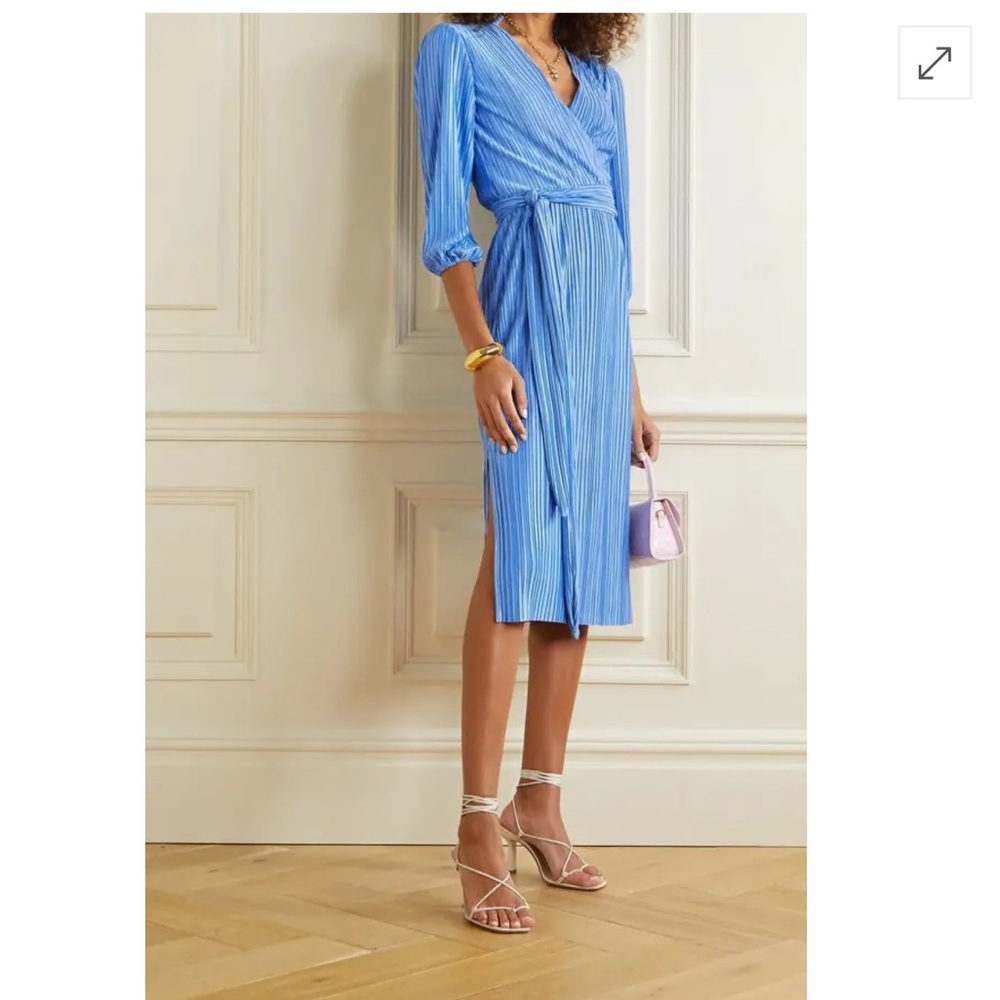 ALICE + OLIVIA Katina belted wrap-effect plissé-satin midi dress Blue Sz 8